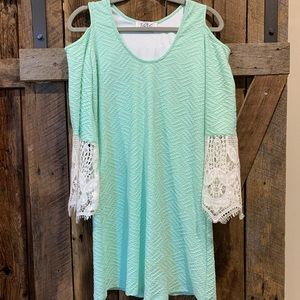 Mint Green Cold Shoulder Dress With Lace Sleeves